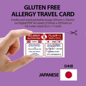 Può includere: Una carta da viaggio rettangolare per allergie senza glutine con testo in inglese e giapponese, un'icona di grano e un grafico a forbice. La carta misura 85mm per 55mm ed è fornita come PDF digitale in formato A4 o US Letter.