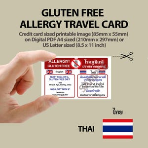 May include: A rectangular gluten-free allergy travel card measuring 85mm x 55mm, featuring text in English and Thai. The card includes a red and white design with a wheat icon, specifying dietary restrictions for wheat, rye, barley, and oats.