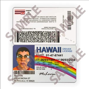 May include: A Hawaii driving licence with a photograph of a man wearing glasses. The licence includes the name McLovin, date of birth, and expiry date. The licence has a rainbow design and the text "HAWAII DRIVER LICENSE".