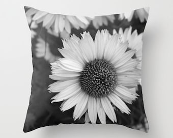 black and white daisy pillow cover, black and white floral pillow cover