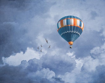 hot air balloon wall art, 12 x 8, blue boys room, boy bedroom art, navy and orange boys bedroom, blue boy nursery decor