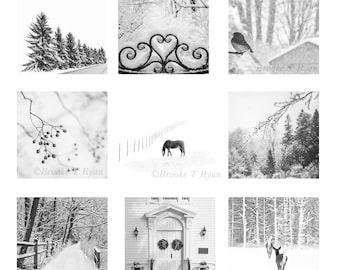 set of nine, black and white, winter photography, gallery wall set, gallery wall