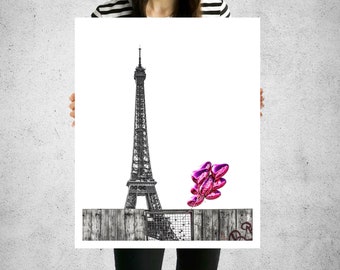 Paris wall art, Eiffel Tower print, pink and black, pink and white Paris art