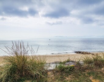 May include: A view of a sandy beach with a calm ocean in the background. The sky is overcast with gray clouds. There is a small patch of green grass in the foreground.
