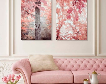 pink and peach wall decor, Blush Pink Wall Art, pink and coral art prints, pink wall art, tree art