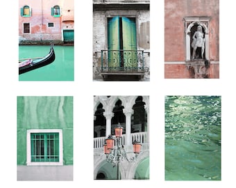 Set of 6 Venice photography, Set of Venice photos, pink and green Venice art, Set of Venice wall art