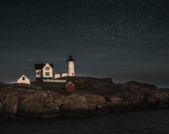 Nubble Light, Cape Neddick Light, lighthouse art, Maine lighthouses, night photography, navy blue wall art