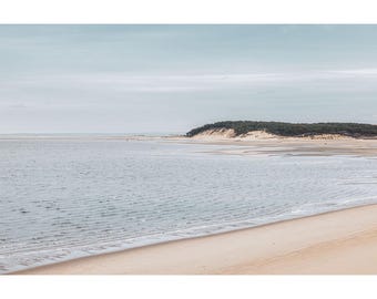 May include: A panoramic view of a sandy beach with a line of foamy waves lapping at the shore. The beach is bordered by a grassy dune with a line of trees in the distance. The sky is a pale blue with a few wispy clouds.