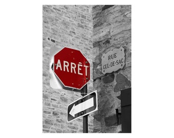 5 x 7 Black and White Photography, french optical illusion art, French street sign photo, Stop Sign photo, Quebec City