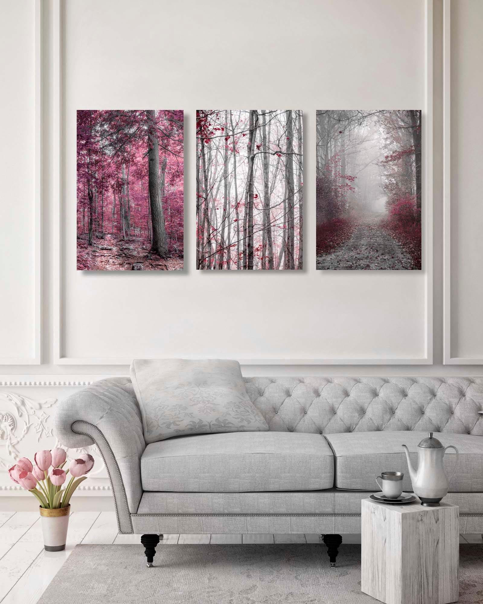 Burgundy Forest Canvas Art: Gray and Red Triptych