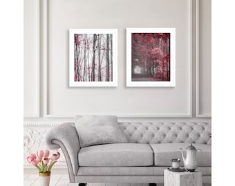 burgundy wall art, Set of 2 burgundy PRINTS, burgundy and gray wall decor