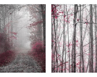 burgundy wall art, Set of 2 burgundy prints, burgundy and gray wall decor