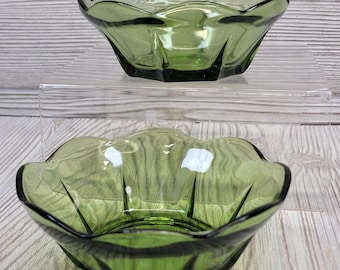 2 Anchor Hocking Glass Bowls Avocado Green Scalloped Edge Dessert Swedish MCM