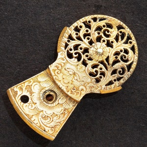 Gold Gilded Antique Verge Fusee Pocket Watch Balance Bridge - Hand Engraved Brass Flower & Leaf Design - Steampunk Art Supplies 08162