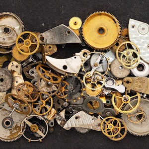 Mixed Lot of Vintage Watch Parts, You Get What You See! Gears, Wheels, Hands, Pinions, Crowns & Mainspring Barrels Steampunk Supplies 08859