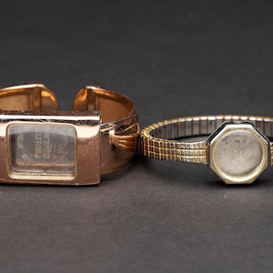 2 Wrist Watch Bands or Bracelets Without Movements in Silver or Gold Tone Metal, Wristwatch Parts Lot for Jewelry Art & Craft Supplies 07261