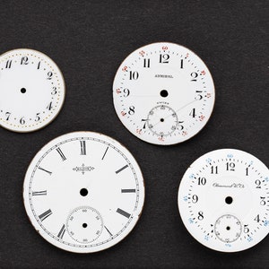 4 Vintage Porcelain Pocket Watch Faces Watch Dials, Antique Watch Parts for Jewelry Making, Assemblage, Steampunk & Craft Supplies 06267