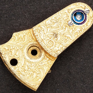Gold Gilded Antique Verge Fusee Pocket Watch Balance Bridge, Rose Cut Genuine Diamond End Stone, Hand Engraved Brass Floral Design 08640