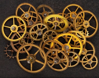 24 Vintage Pocket Watch Gears, Mixed Lot of Wheels, Cogs, and Gears Made from Steel and Brass, Steampunk Clockworks & art Supplies 08058