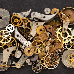 Mixed Lot of Vintage Watch Parts, You Get What You See! Gears, Wheels, Hands, Pinions, Crowns & Mainspring Barrels Steampunk Supplies 08860