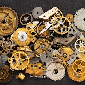 Mixed Lot of Vintage Watch Parts, You Get What You See! Gears, Wheels, Hands, Pinions, Crowns & Mainspring Barrels Steampunk Supplies 08858