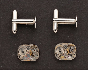 2 Watch Movements with Cufflink backs, Matched Set with Ruby Jewels and Gears, Vintage cuff links, Steampunk Art & Jewelry supplies 04474