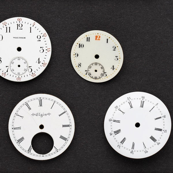 4 Vintage Porcelain Pocket Watch Faces Watch Dials, Antique Watch Parts for Jewelry Making, Assemblage, Steampunk & Craft Supplies 06276