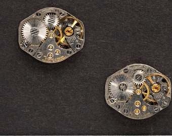 2 Watch Movements Matched for Steampunk Cufflinks or Earrings, Vintage Gears and Cogs steampunk art supplies 06681