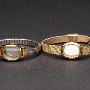 2 Wrist Watch Bands or Bracelets Without Movements in Silver or Gold Tone Metal, Wristwatch Parts Lot for Jewelry Art & Craft Supplies 07258