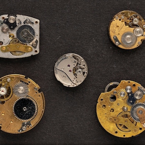5 Vintage Watch Movements, Brass and Steel with Gears For Jewelry Making Mixed Media Industrial and Steampunk Art Supplies 06842