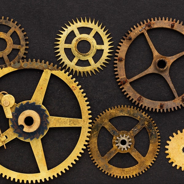 6 large Vintage Brass & Steel Gears, Antique Clockwork Gears, Wheels and cogs, Industrial Steampunk Art Supplies 08782