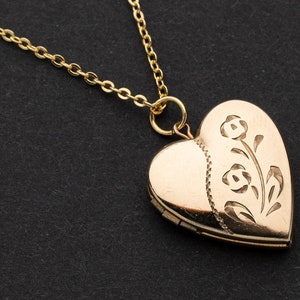 Vintage Puffy Heart Locket Necklace, Gold Filled Floral Engraved Heart Pendant on 18-inch Cable Link Chain, Photo Locket 06411