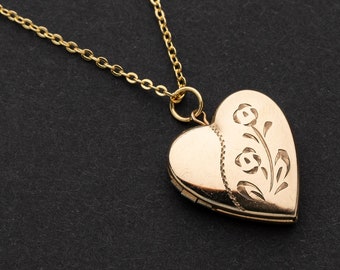 Vintage Puffy Heart Locket Necklace, Gold Filled Floral Engraved Heart Pendant on 18-inch Cable Link Chain, Photo Locket 06411