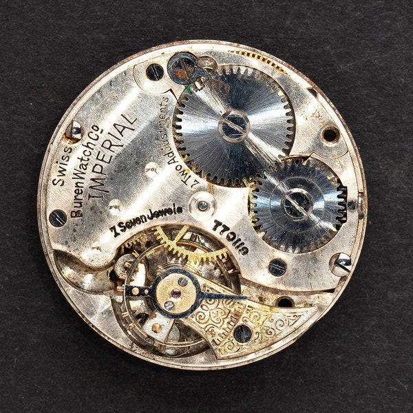 Vintage Pocket Watch Movement With Gears and Genuine Ruby Jewels - Buren Watch Cº - Imperial - Swiss Made - 7 Jewels - 07338