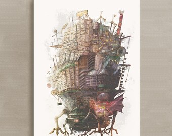 La Fortaleza Ambulante / Lámina de Arte de Arquitectura Fantástica / Ilustración Detallada a Tinta / Descarga Digital de Ciudad Steampunk
