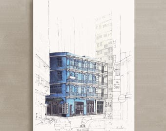 Casa Azul 藍屋 / Impresión de Edificios Patrimoniales de Hong Kong / Ilustración Arquitectónica de Tong Lau (Descarga Digital)