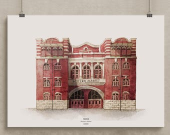 Mercado Occidental de Hong Kong / Impresión de edificios históricos de Hong Kong / Ilustración de arquitectura eduardiana / Arte mural en tinta y acuarela