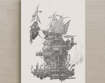La Fortaleza del Cielo / Lámina artística de ciudad voladora fantástica / Ilustración de dirigible steampunk / Impresión digital de arquitectura asiática