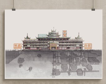 Jumbo Kingdom 珍寶王國 / Impresión de restaurante flotante de Hong Kong / Ilustración de tinta / Impresión digital HK Nostalgia