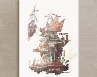 La Fortaleza del Cielo / Lámina artística de ciudad voladora fantástica / Ilustración de dirigible steampunk / Impresión digital de arquitectura asiática