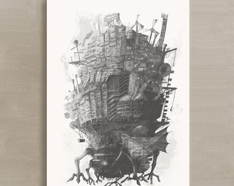 La Fortaleza Ambulante / Lámina de Arte de Arquitectura Fantástica / Ilustración Detallada a Tinta / Descarga Digital de Ciudad Steampunk