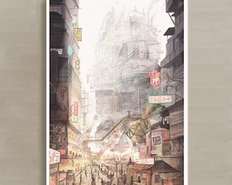 La Llegada / Lámina artística de paisaje urbano fantástico / Ilustración de escena callejera de Hong Kong / Arte mural de arquitectura steampunk