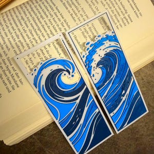 Puede incluir: Dos marcadores rectangulares con un diseño de olas en tonos azules y blancos. Los marcadores están colocados sobre un libro, con el texto del libro visible en el fondo. El diseño de olas es una característica destacada.