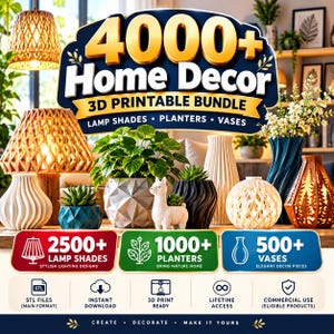 Peut inclure: Un graphique numérique présentant un ensemble de 4000+ objets de décoration intérieure imprimables en 3D, incluant des abat-jours, des jardinières et des vases. L'image montre divers objets imprimés en 3D, dont des jardinières géométriques.