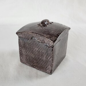 Op de afbeelding: Een vierkante, donkerbruine keramische doos met een getextureerd oppervlak en een gebogen deksel. Een klein, decoratief figuur zit bovenop het deksel. Geschikt voor het opbergen van kleine items.