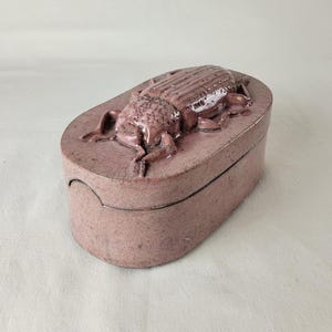 Puede incluir: Una caja de cerámica de color malva, de forma ovalada, con una detallada escultura de escarabajo en la tapa. El escarabajo es en relieve y texturizado, con patas y antenas visibles. La caja tiene una base malva a juego y una tapa ajustada.