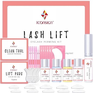 May include: A lash lift kit with various components, including perm, fixation, nutrition, and cleanser solutions in small bottles. The kit also contains lift pads, cleaning tools, and lash glue. The packaging is predominantly white and pink, with the "Iconsign" brand logo.