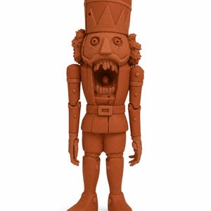 May include: A terracotta-colored nutcracker figurine featuring a tall hat, textured hair, and a wide-open mouth with visible teeth. The figure has articulated joints at the shoulders, elbows, and knees, with a belt around the waist.