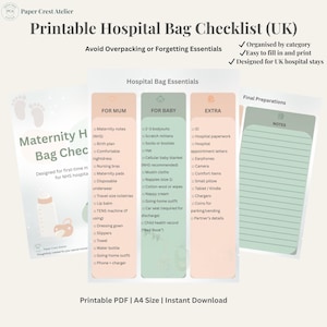Checklist ziekenhuistassen VK | Afdrukbare tassenlijst kraamkliniek | Arbeid & levering Paklijst | Zwangerschapsziekenhuistasplanner