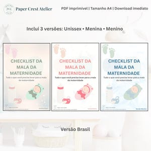 May include: A digital print featuring three versions of a maternity checklist. Each checklist includes illustrations of baby items and the text "CHECKLIST DA MALA DA MATERNIDADE". The versions are labeled "Unisex", "Girl", and "Boy".